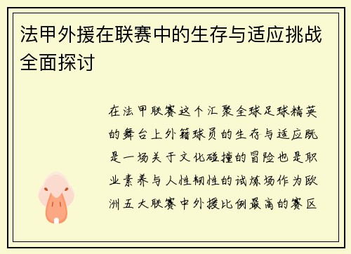 法甲外援在联赛中的生存与适应挑战全面探讨